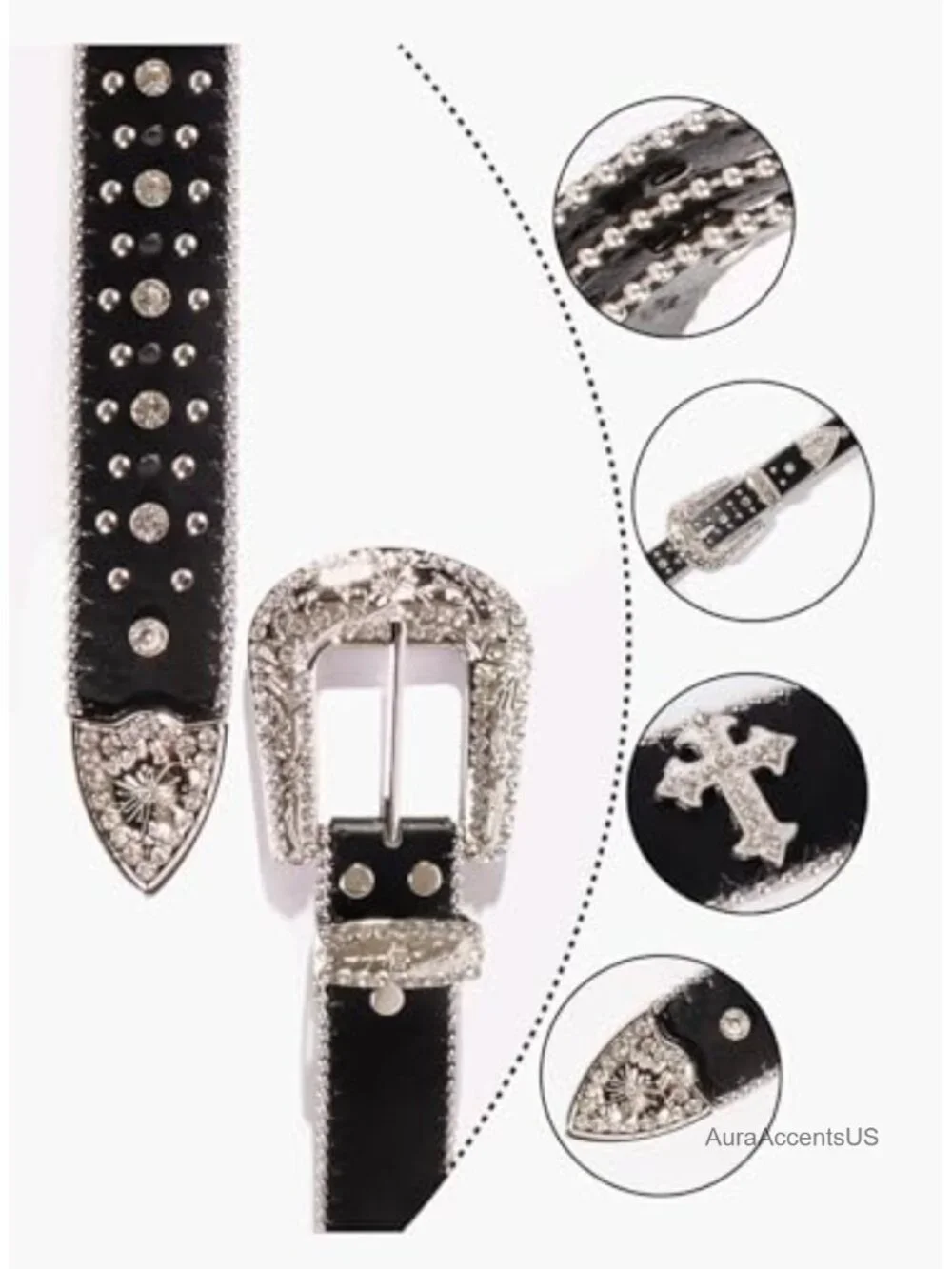 Rhinestone Western Belt - Faux Leather Cowgirl Cowboy Belt with Cross Design